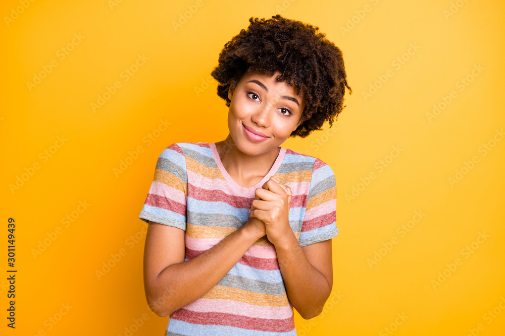 Close-up portrait of her she nice attractive lovely charming cute sweet cheerful dreamy wavy-haired girl enjoying harmony isolated over bright vivid shine vibrant yellow color background - obrazy, fototapety, plakaty 