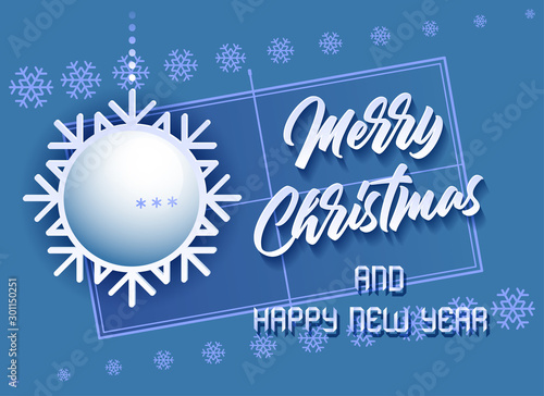 Merry Christmas and Happy New Year. Sports card with a Ping Pong ball as a Snowflake and a Ping Pong Table. Vector illustration.