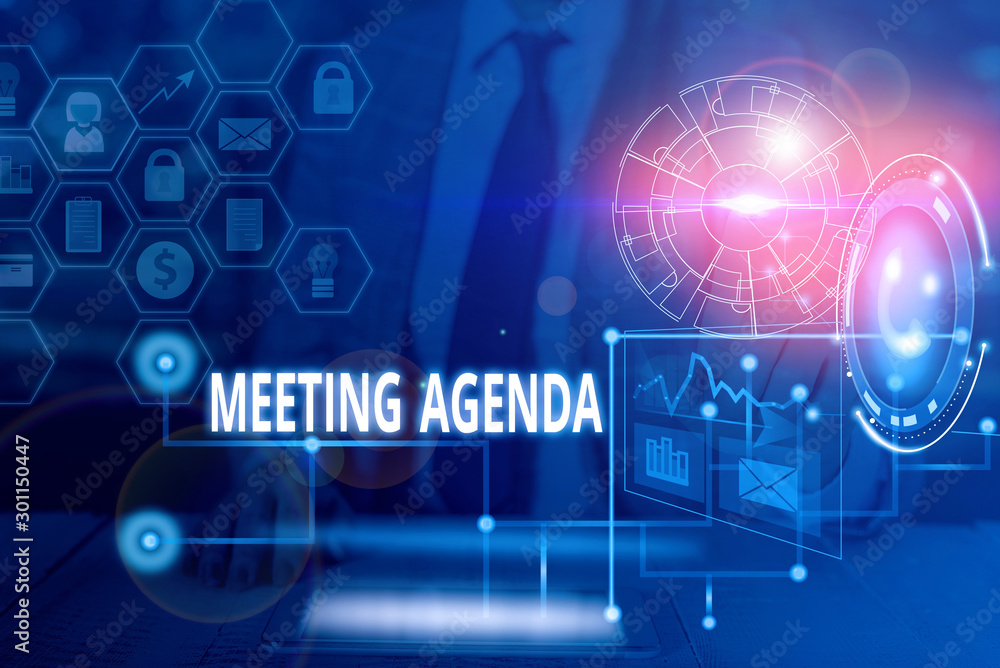 Obraz premium Handwriting text writing Meeting Agenda. Conceptual photo items that participants hope to accomplish at a meeting Picture photo system network scheme modern technology smart device