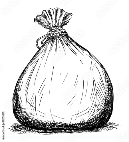 Vector cartoon black and white drawing illustration of bag or pouch , possibly full of money.