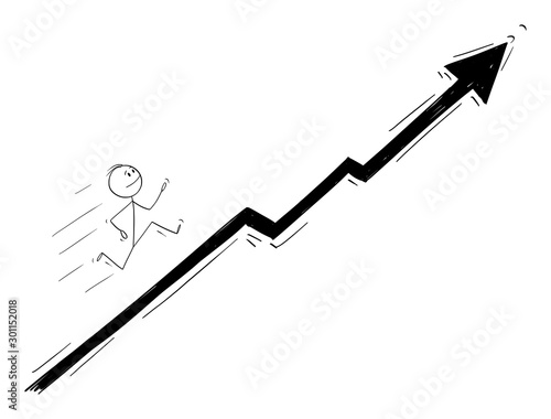 Vector cartoon stick figure drawing conceptual illustration of businessman running up the chart or graph. Business concept of financial success and growth.