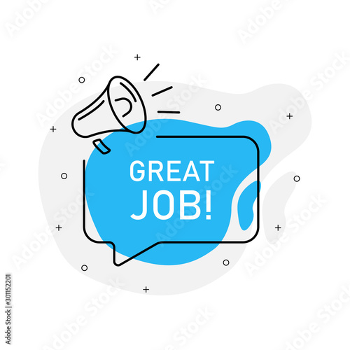 Great job of marketing design badge with loudspeaker blue color. Vector illustration on white background.