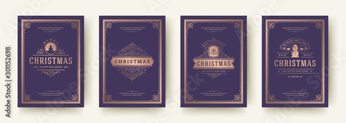 Christmas greeting cards set vintage design, ornate decoration symbols and winter holidays wishes vector illustration