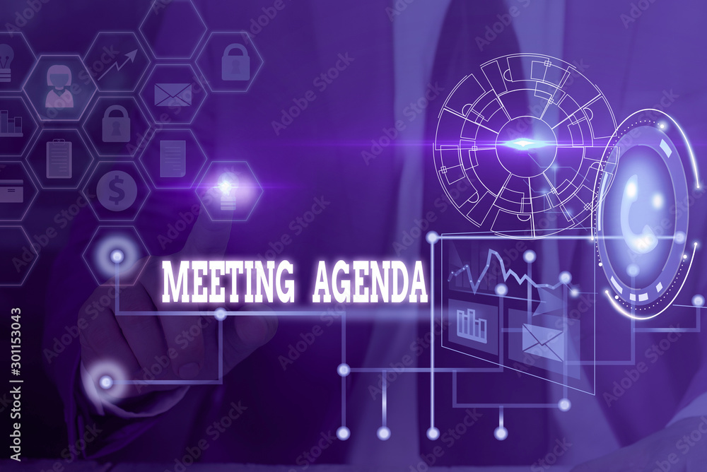 Conceptual hand writing showing Meeting Agenda. Concept meaning items that participants hope to accomplish at a meeting Picture photo network scheme with modern smart device
