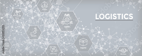 Logistics icon set and web header banner with buildings, trucking, people and shipping box