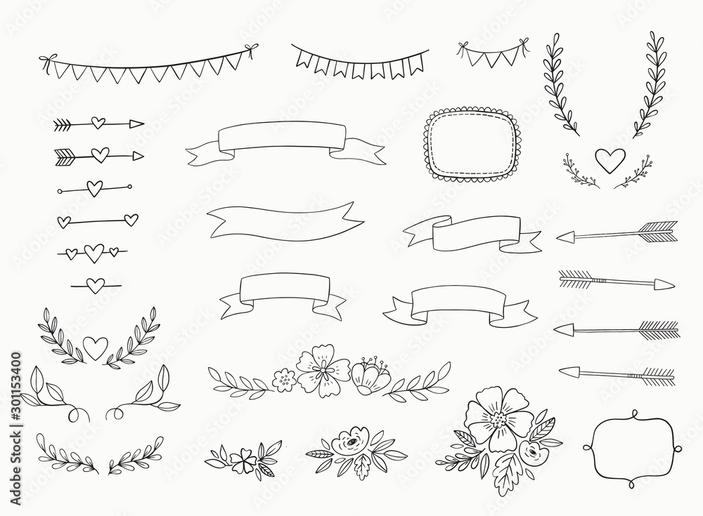 Hand drawn set of design elements for wedding invitations, greeting cards, posters. Vector illustrations including ribbons, frames, arrows, laurels, wreaths, flowers, bunting banners. 