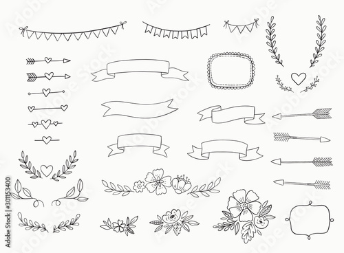 Hand drawn set of design elements for wedding invitations, greeting cards, posters. Vector illustrations including ribbons, frames, arrows, laurels, wreaths, flowers, bunting banners. 