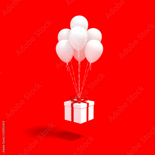 White gift box with red ribbon and white balloon floating on red background 3d rendering. 3d illustration minimal style celebration, christmas and new year concept.