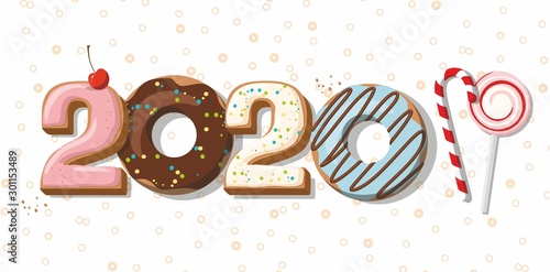 Numbers 2020 from the donuts, cookies and lollipop. Sweet New year and Christmas. Vector illustration.