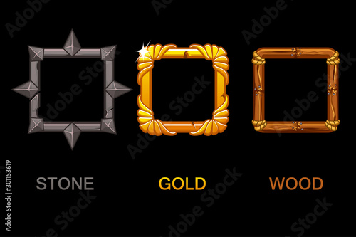 Set of upgrade square app icons, vector texture frames isolated on black background, elements for UI game or web design