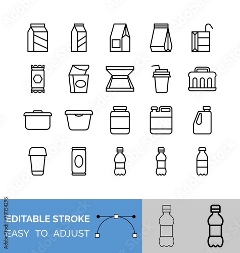 Food packaging and container line icon set, vector illustration