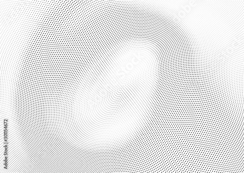 Abstract halftone wave dotted background. Futuristic twisted grunge pattern, dot, circles. Vector modern optical pop art texture for posters, business cards, cover, labels mock-up, stickers layout