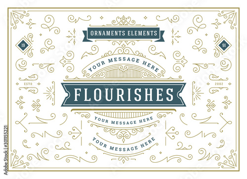 Vintage ornaments swirls and scrolls decorations design elements vector set, flourish ornate calligraphic combinations