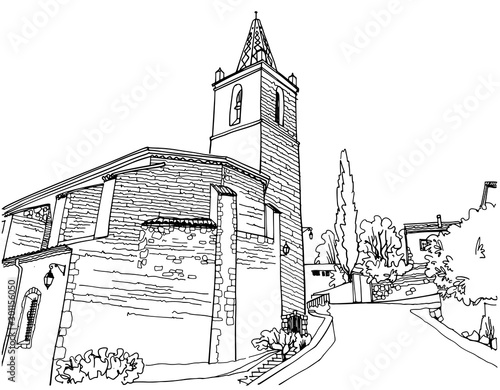 Nice view of an ancient fortress in romantic Provence, France. Urban background in hand drawn sketch style. Ink line drawing. Vector illustration on white
