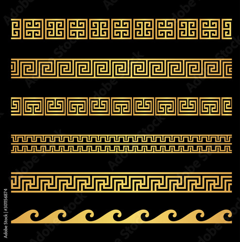 Collection of gold Greek Key / Meander geometric ornamental borders. Luxury decorative designs on black background.