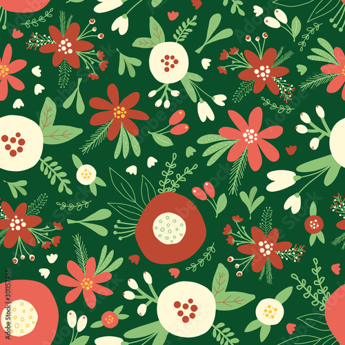 Christmas flowers red white seamless vector pattern. Flat Scandinavian style abstract florals and leaves background. Hand drawn Holiday design for fabric, gift wrap, packaging, surface pattern design