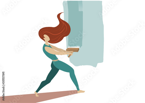 Woman painting the wall. Copy space concept