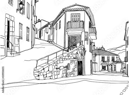Old street in romantic Provence, France. Urban background in hand drawn sketch style. Ink line drawing. Vector illustration on white.