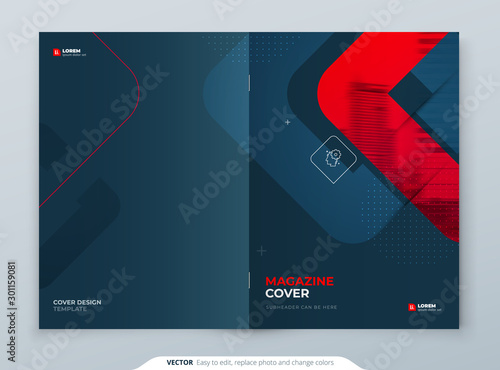 Red Brochure Design. A4 Cover Template for Brochure, Report, Catalog, Magazine. Brochure Layout with Bright Color Shapes and Abstract Photo on Background. Modern Brochure concept