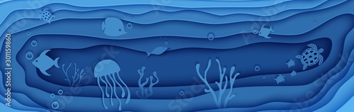 Paper cut butterflyfish, jellyfish, moonfish, turtle. Paper craft panorama underwater ocean cave with fishes coral reef seabed in algae waves. Diving concept deep blue marine life. Vector sea wildlife