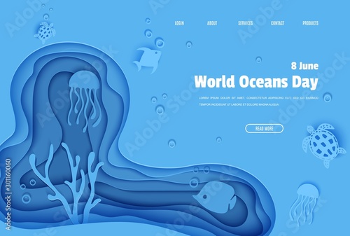 Web page design template in paper cut style underwater ocean cave with fishes coral reef seabed in algae waves. Vector butterflyfish, jellyfish, moonfish, turtle. Paper craft diving website concept.