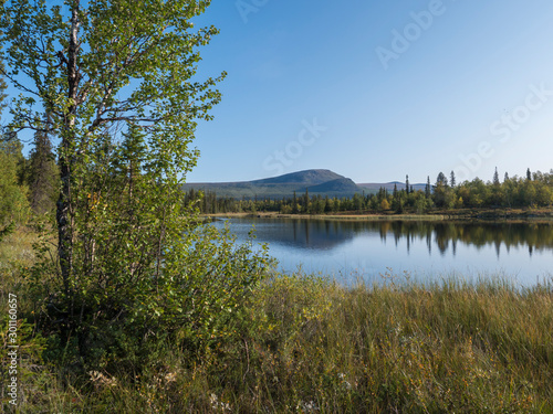 Beautiful morning over lake Sjabatjakjaure in Sweden Lapland nature. Mountains, birch trees, spruce forest, rock boulders and grass. Sky, clouds and clear water. photo