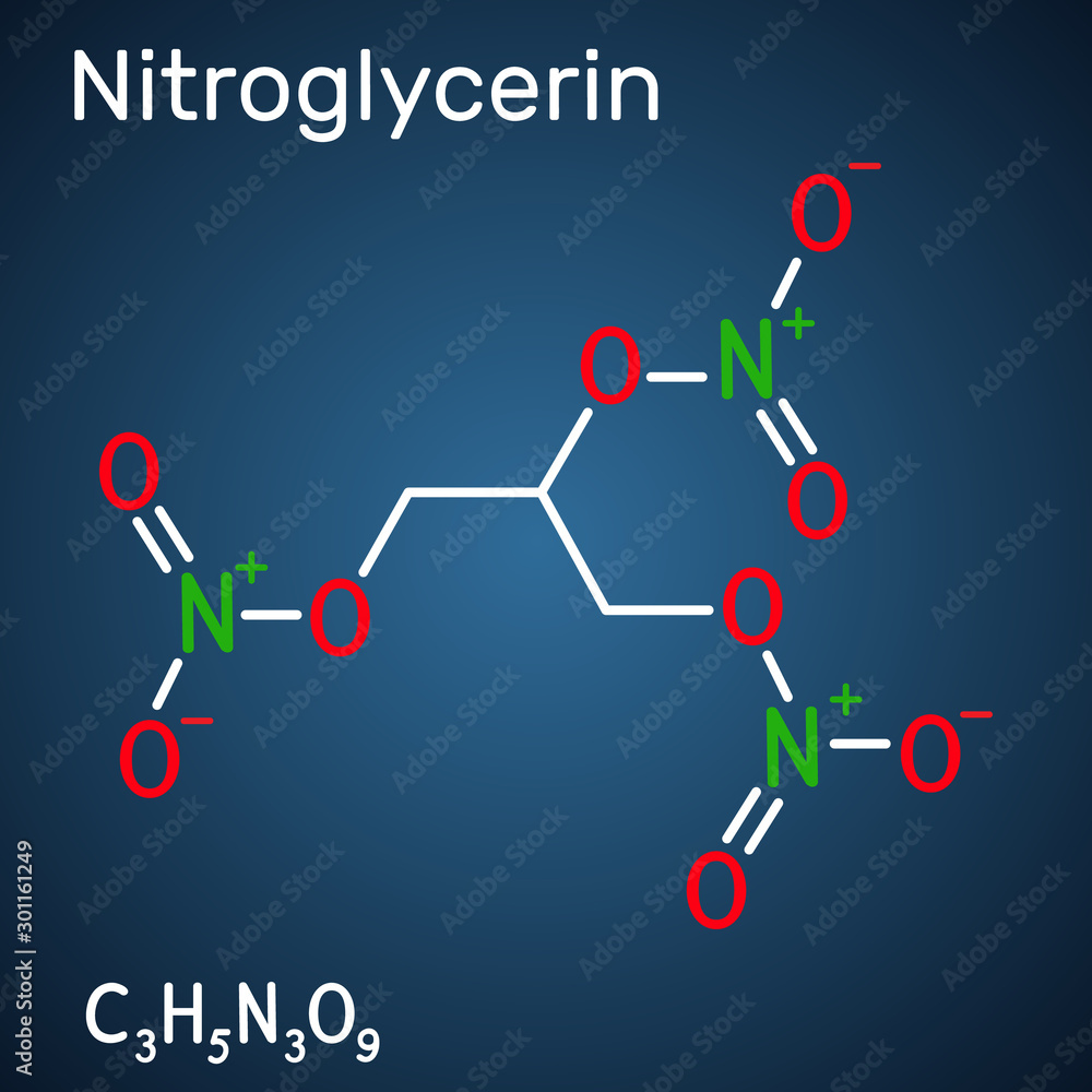 Nitroglycerin, glyceryl trinitrate, nitro molecule, is drug and explosive. Structural chemical formula on the dark blue background Nitroglycerin, glyceryl trinitrate, nitro molecule, is drug and explosive. Structural chemical formula on the dark blue background
