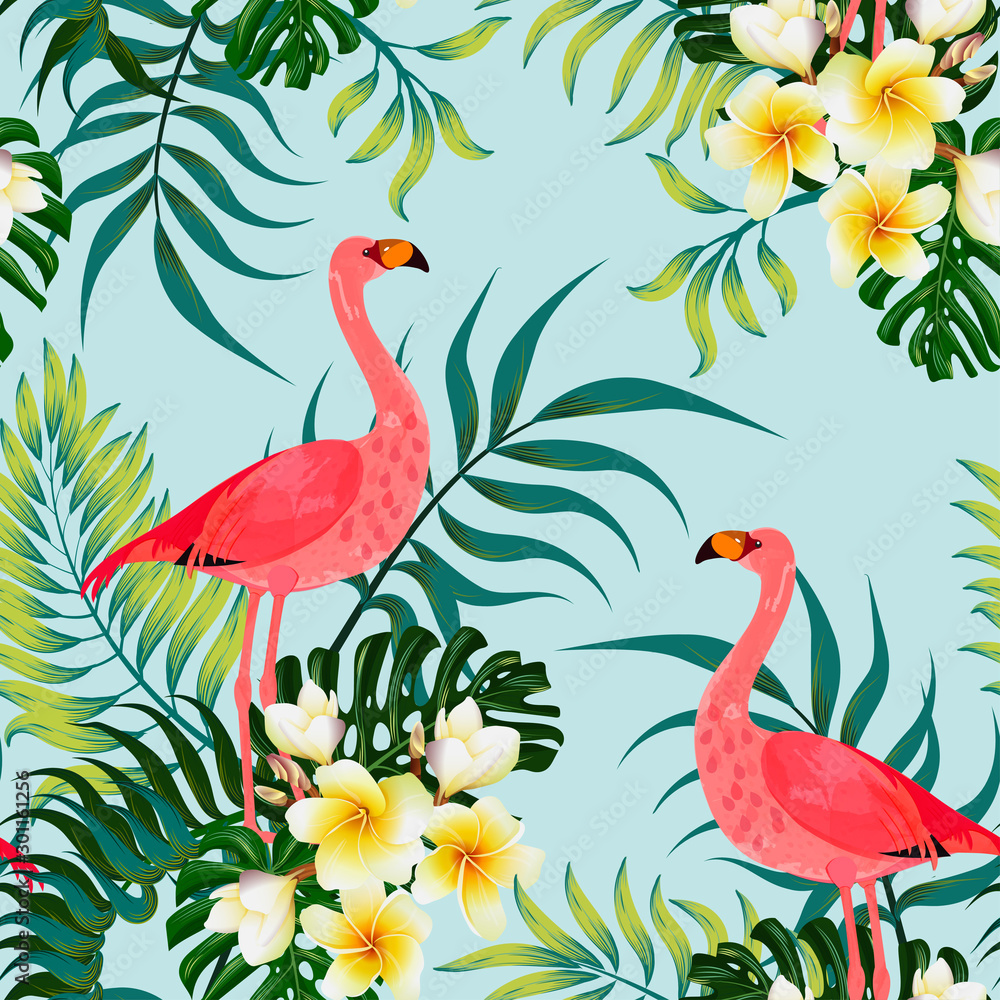 Seamless tropical pattern with exotic leaves, flowers and flamingos. Bright and summer pattern with palm leaves, monstera and frangipani on a blue background. Vector stock illustration.