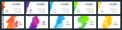 Big set of bright colorful business card template with vector watercolor background