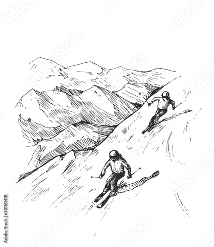 Sketch of mountains and skiers. Hand drawn illustration converted to vector