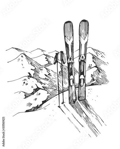 Hand drawn mountains and ski in the snow. Vector outline isolated on white background