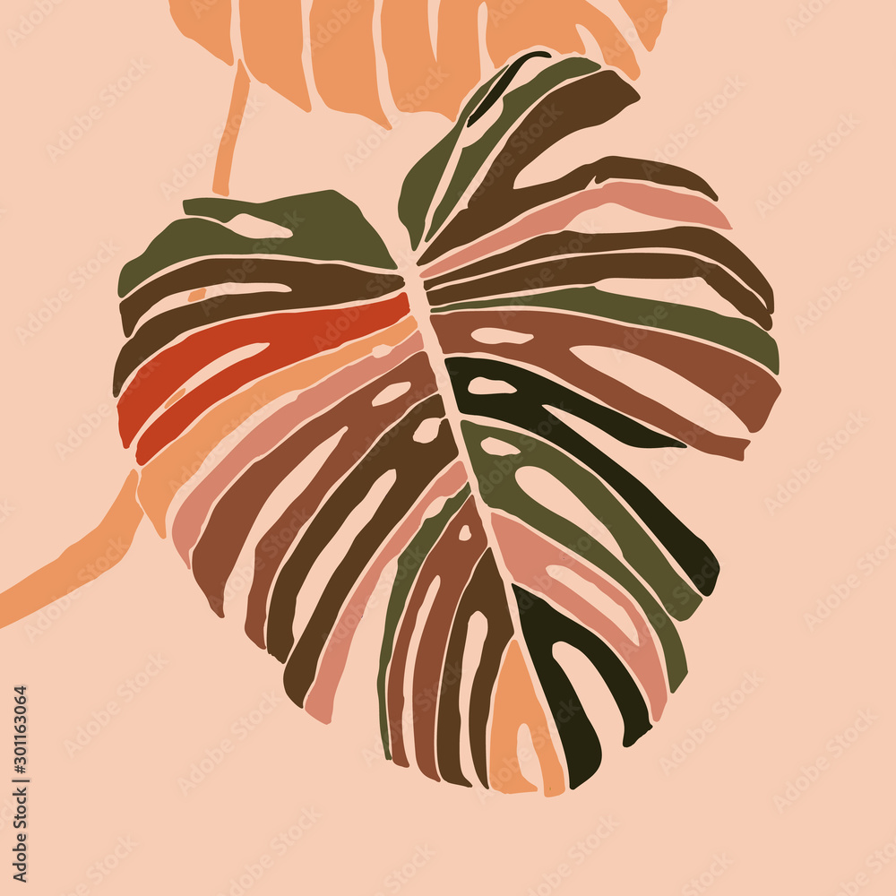 Obraz Tropikalne liście monstery w minimalistycznym, modnym stylu. Sylwetka rośliny we współczesnym prostym abstrakcyjnym stylu. Kolaż ilustracji wektorowych. Do nadruku na koszulce, karty, plakatu, postu w mediach społecznościowych