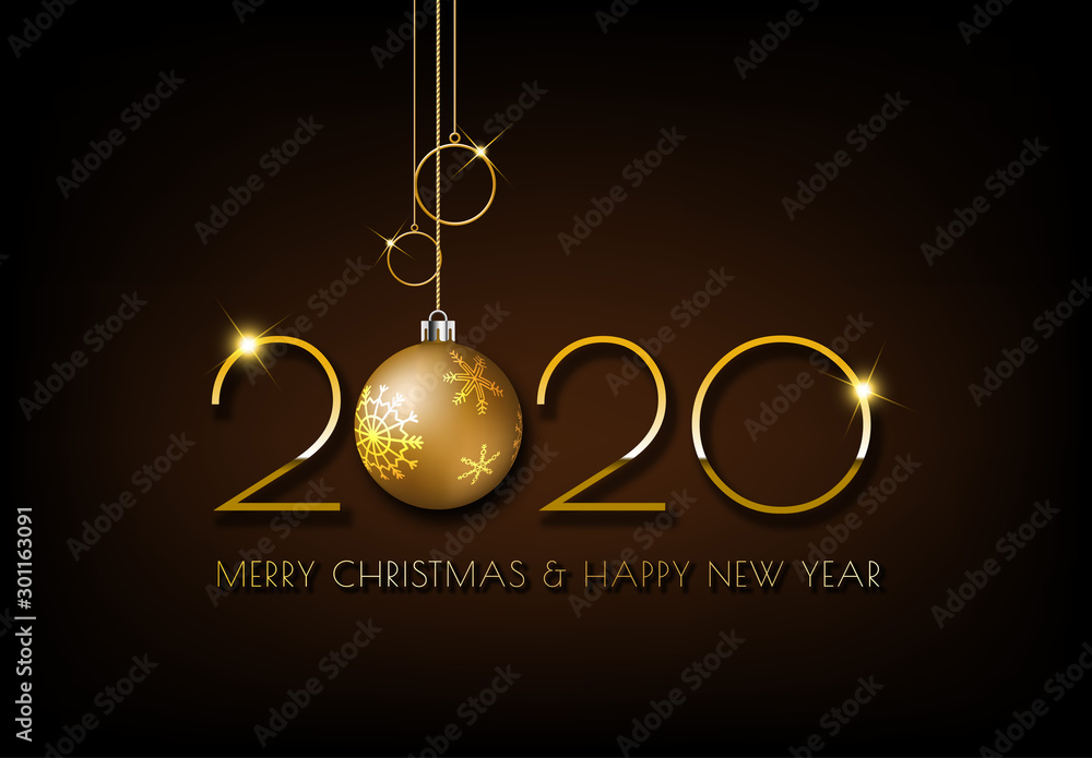 Merry Christmas, Gold 2020 design on dark brown background - obrazy, fototapety, plakaty 