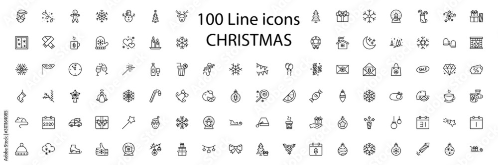 100 New Year Christmas thile line icons set. Vector illustrations collection eps10.