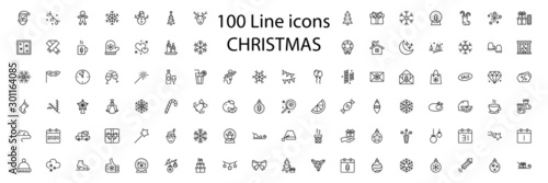 Fototapeta Naklejka Na Ścianę i Meble -  100 New Year Christmas thile line icons set. Vector illustrations collection eps10.