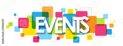 EVENTS typography banner on colorful squares with symbols