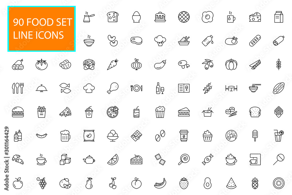 90 Line Food Icons Set Collection. Bakery, Seafood, Vegetables, Fruit, Coffee, Meat, Fastfood. Vector illustration eps10. 90 Line Food Icons Set Collection. Bakery, Seafood, Vegetables, Fruit, Coffee, Meat, Fastfood. Vector illustration eps10.