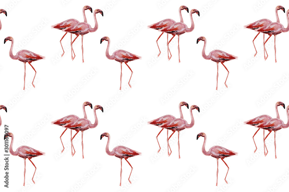Fototapeta premium Pink flamingos on white background. Seamless pattern for fabric, paper. Summer concept design.