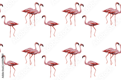 Pink flamingos on white background. Seamless pattern for fabric, paper. Summer concept design.