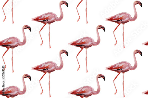 Pink flamingos on white background. Seamless pattern for fabric, paper. Summer concept design. © Yelyzaveta