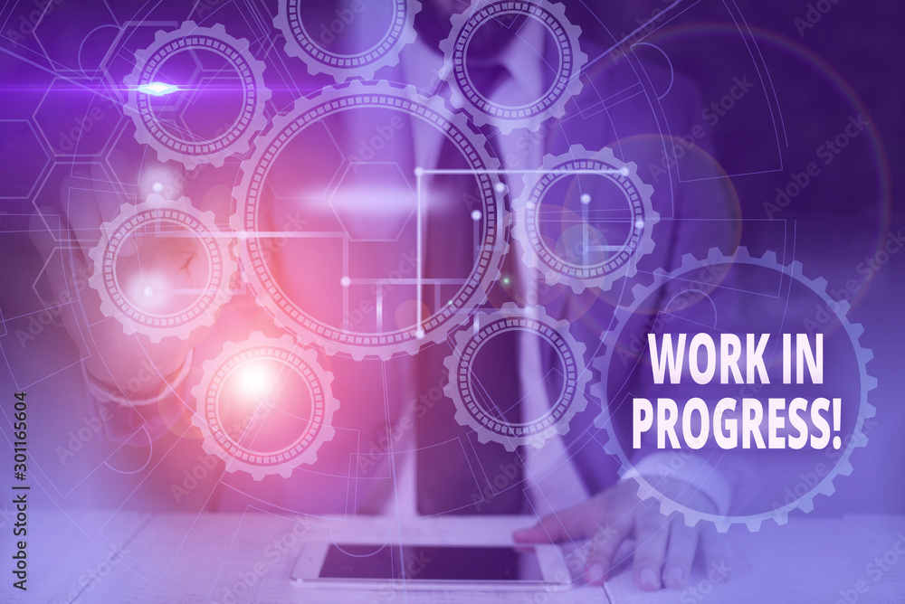 Naklejka premium Handwriting text Work In Progress. Conceptual photo unfinished project that still added to or developed Picture photo system network scheme modern technology smart device