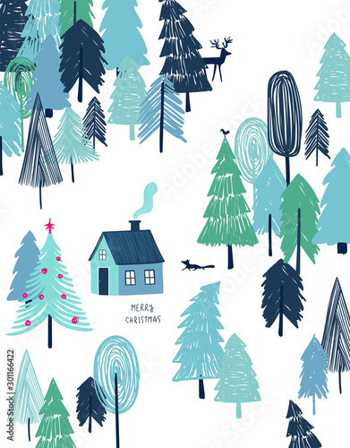 Christmas greeting card with house in the forest.