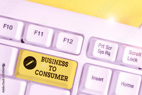 Conceptual hand writing showing Business To Consumer. Concept meaning Direct Transaction between a Company and end users White pc keyboard with note paper above the white background photo