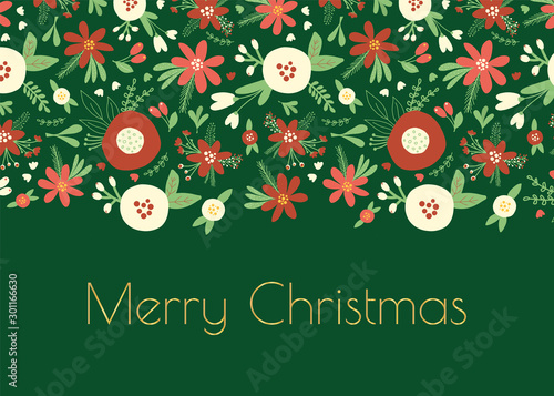 Merry Christmas flowers card template vector illustration. Holiday greeting card design with winter flowers and leaves seamless vector pattern. Christmas florals hand drawn Scandinavian style.