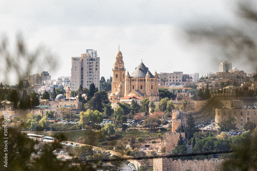 View of the Dormition Abbey from Monastery Carmel Pater Noster garden located on Mount Eleon - Mount of Olives in East Jerusalem in Israel