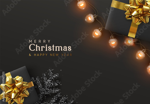 Christmas Background. Festive design of sparkling lights garland, realistic black gifts box, glitter silver snowflake. Xmas poster, banner, greeting cards. New Year's composition with gift present