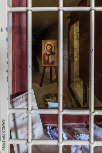 The Icon depicting Jesus Christ in the Crypt of Monastery Carmel Pater Noster located on Mount Eleon - Mount of Olives in East Jerusalem in Israel photo