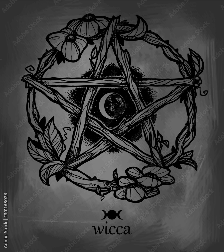 Wiccan element. Graphic pentagram with flowers and leaves. - obrazy, fototapety, plakaty 