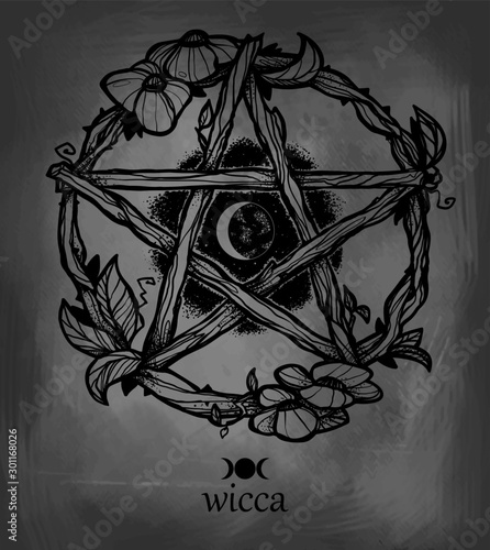 Wiccan element. Graphic pentagram with flowers and leaves.
