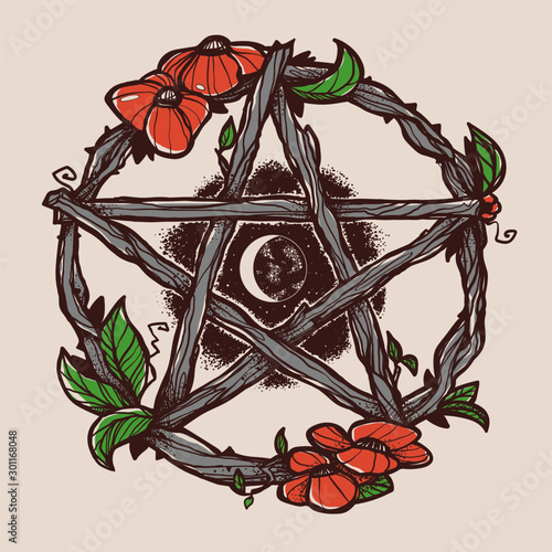 Wiccan element. Graphic pentagram with flowers and leaves.